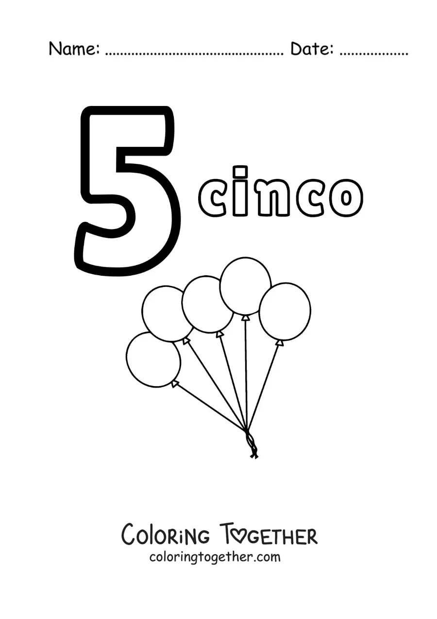 Coloring page of a number 5 worksheet to learn to count with fun drawings
