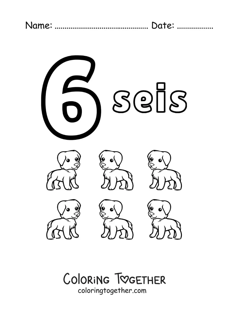 Coloring page of a number 6 worksheet to learn to count with fun drawings