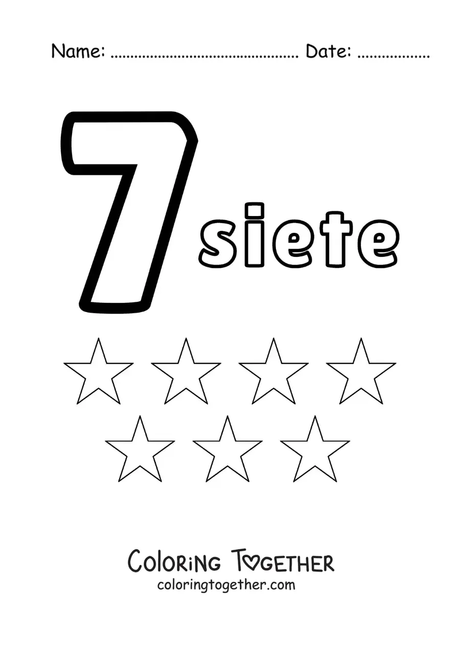 Coloring page of a number 7 worksheet to learn to count with fun drawings