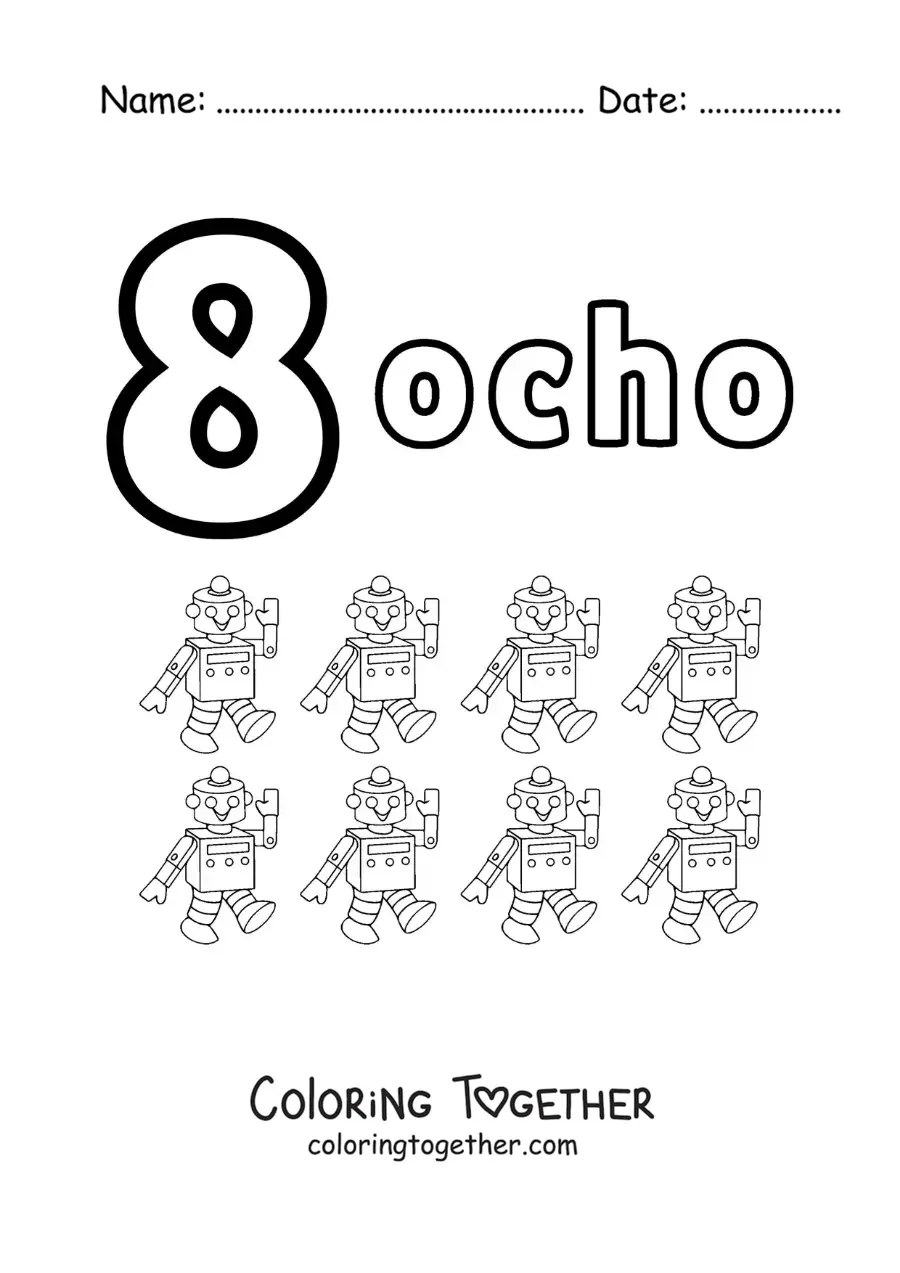 Coloring page of a number 8 worksheet to learn to count with fun drawings