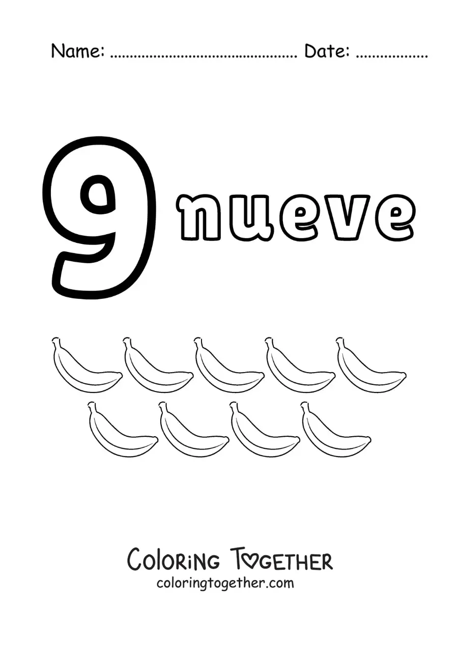 Coloring page of a number 9 worksheet to learn to count with fun drawings