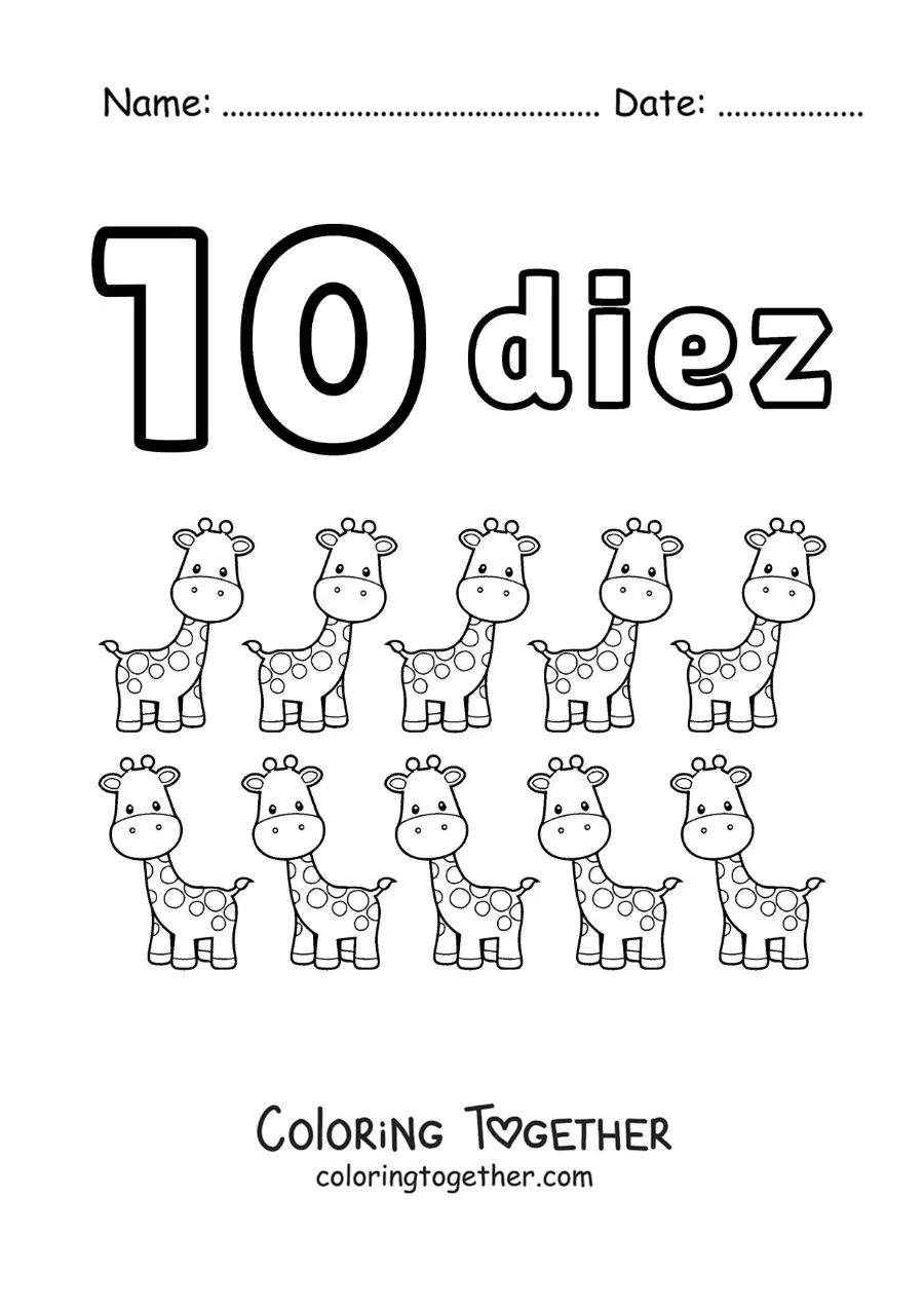 Coloring page of a number 10 worksheet to learn to count with fun drawings
