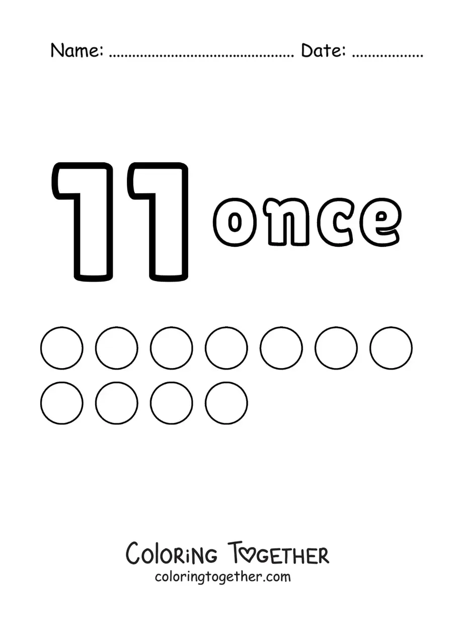 Coloring page of a number 11 worksheet to learn to count with fun drawings
