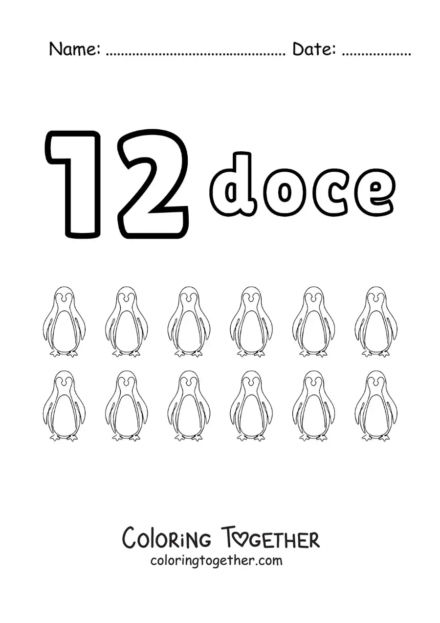 Coloring page of a number 12 worksheet to learn to count with fun drawings