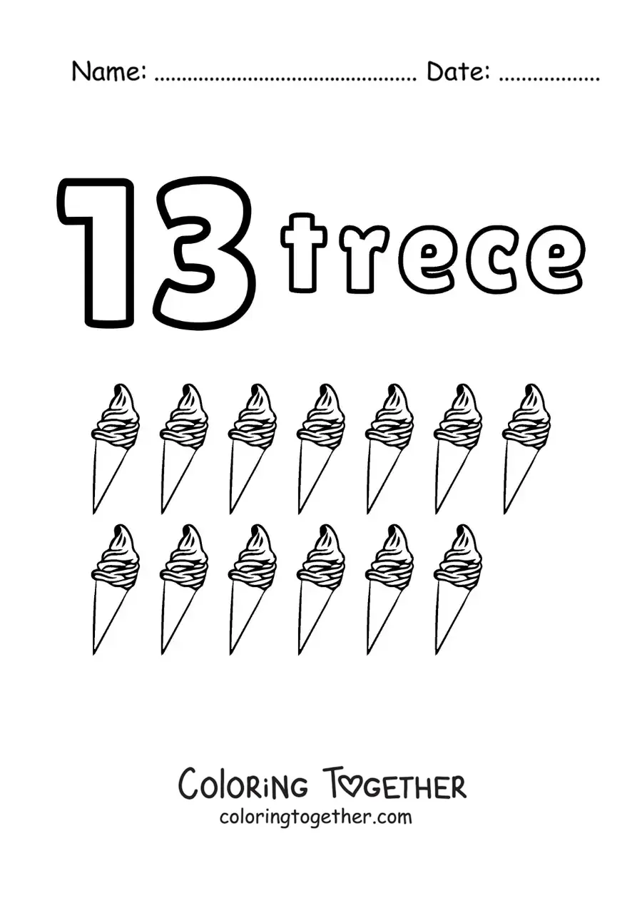Coloring page of a number 13 worksheet to learn to count with fun drawings