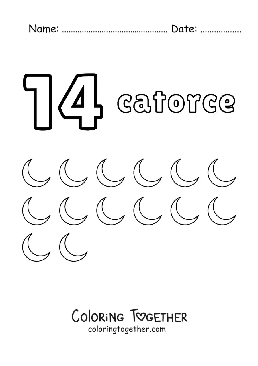 Coloring page of a number 14 worksheet to learn to count with fun drawings