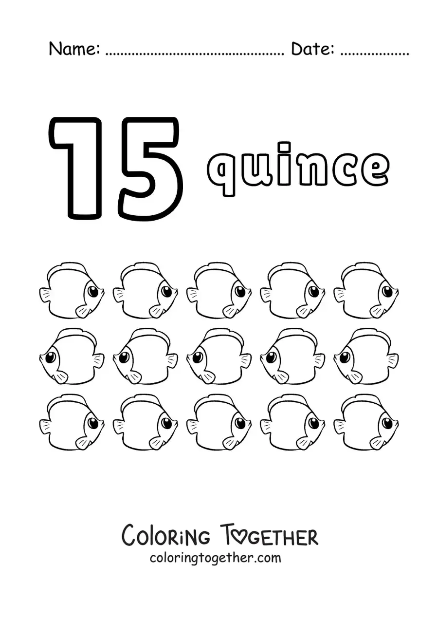 Coloring page of a number 15 worksheet to learn to count with fun drawings