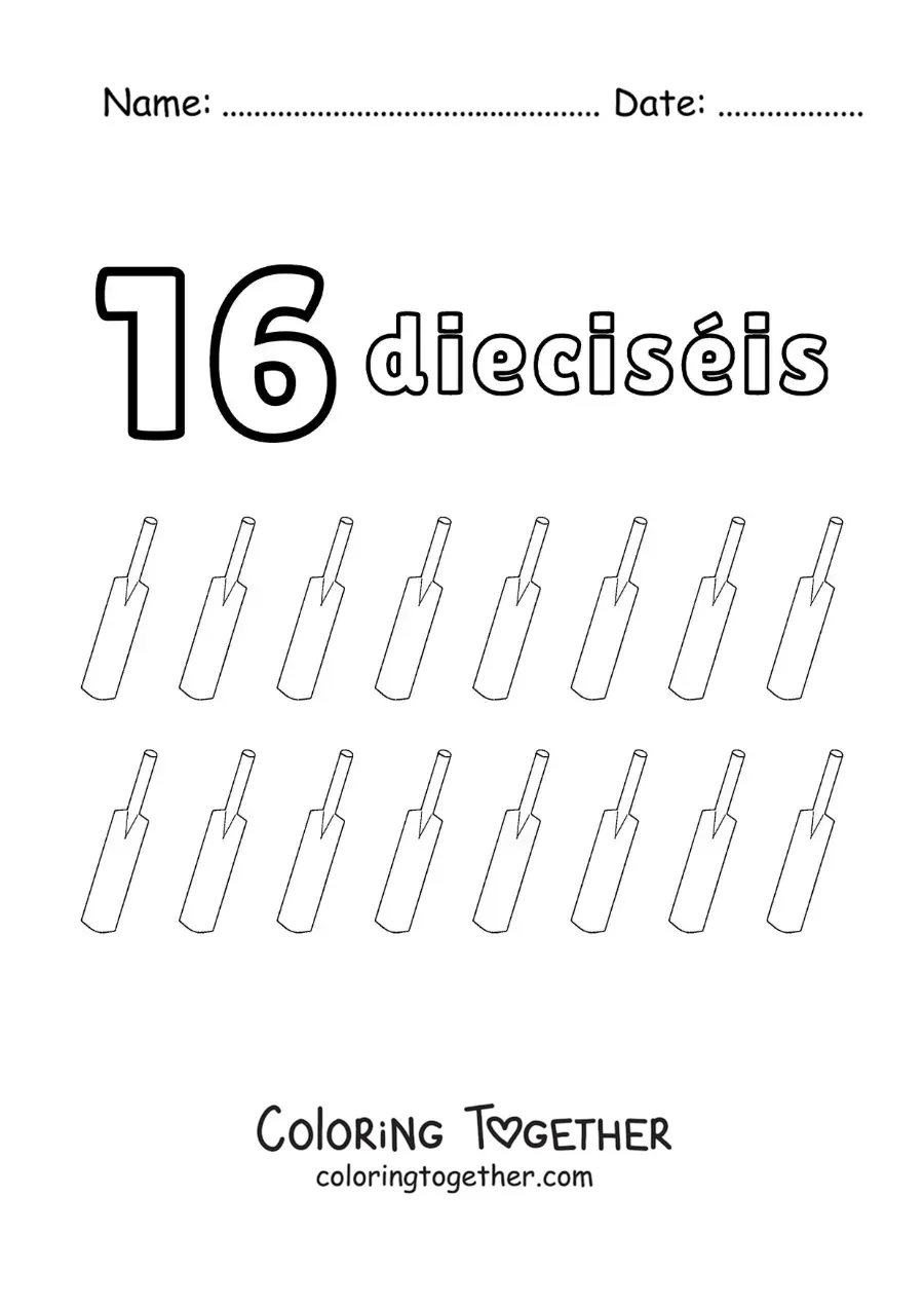 Coloring page of a number 16 worksheet to learn to count with fun drawings