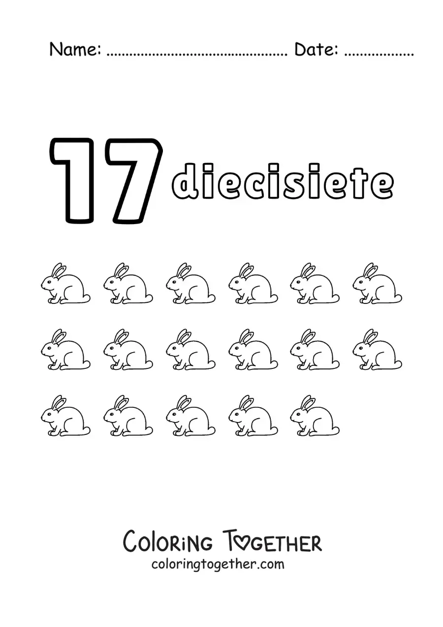 Coloring page of a number 17 worksheet to learn to count with fun drawings