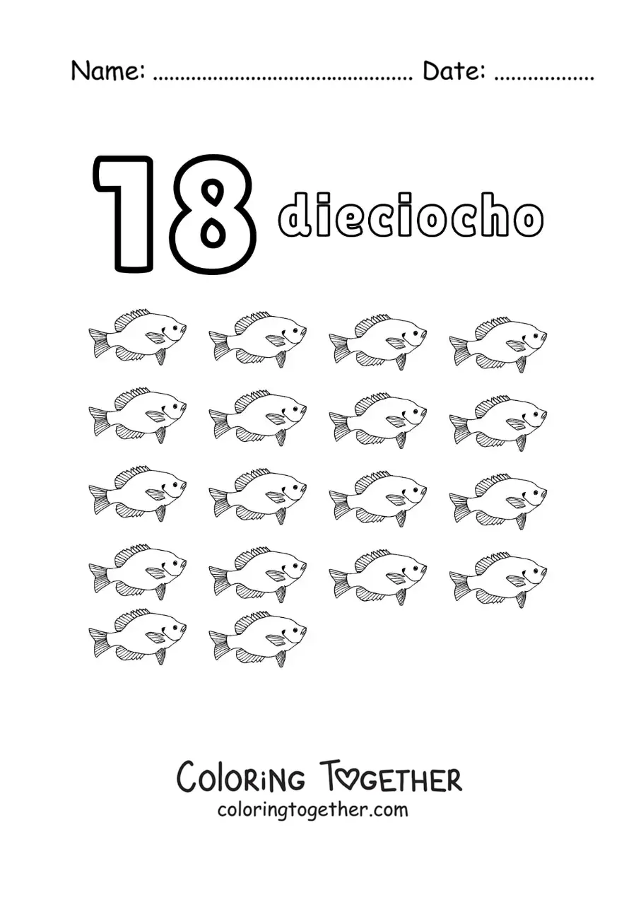 Coloring page of a number 18 worksheet to learn to count with fun drawings