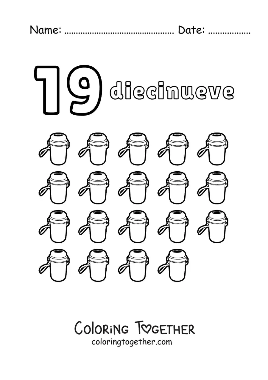 Coloring page of a number 19 worksheet to learn to count with fun drawings