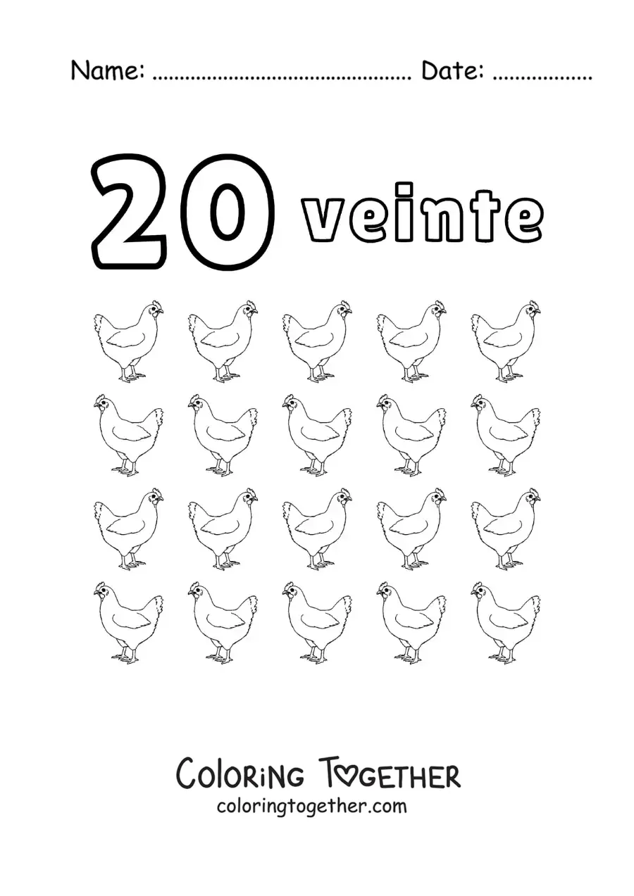 Coloring page of a number 20 worksheet to learn to count with fun drawings