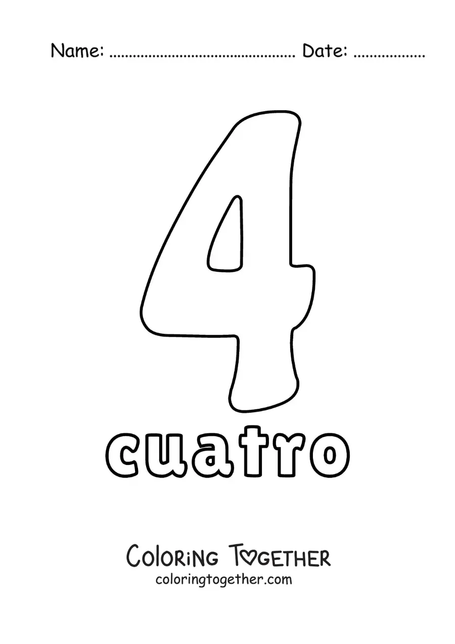 Coloring page of a number 4 worksheet to learn natural numbers