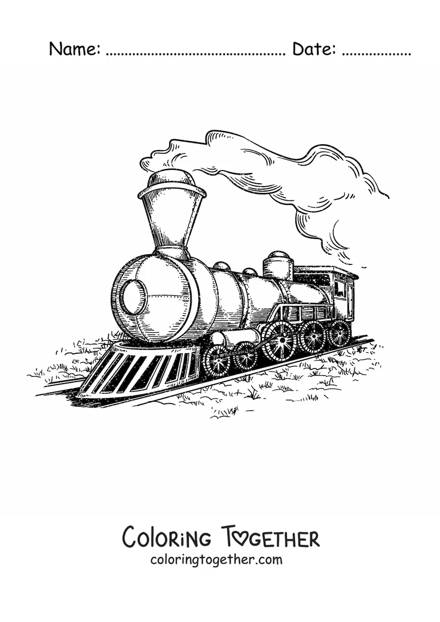 Coloring page of an old locomotive in motion