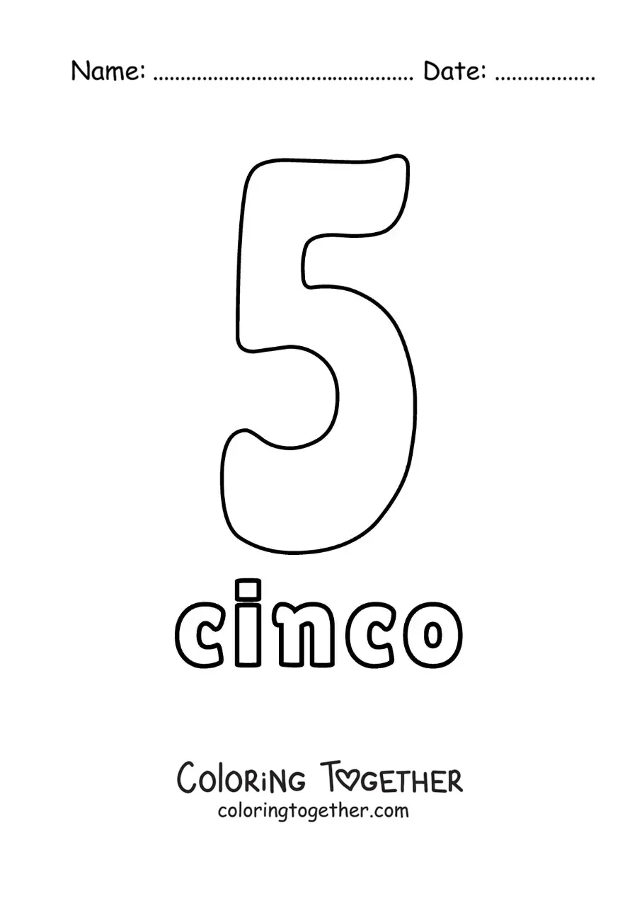 Coloring page of a number 5 worksheet to learn natural numbers