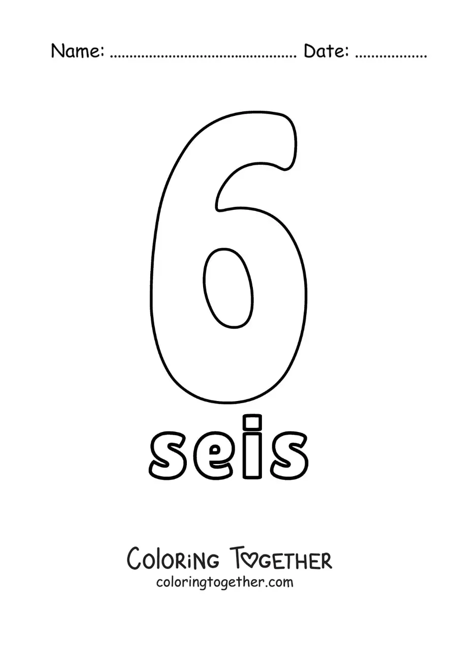 Coloring page of a number 6 worksheet to learn natural numbers