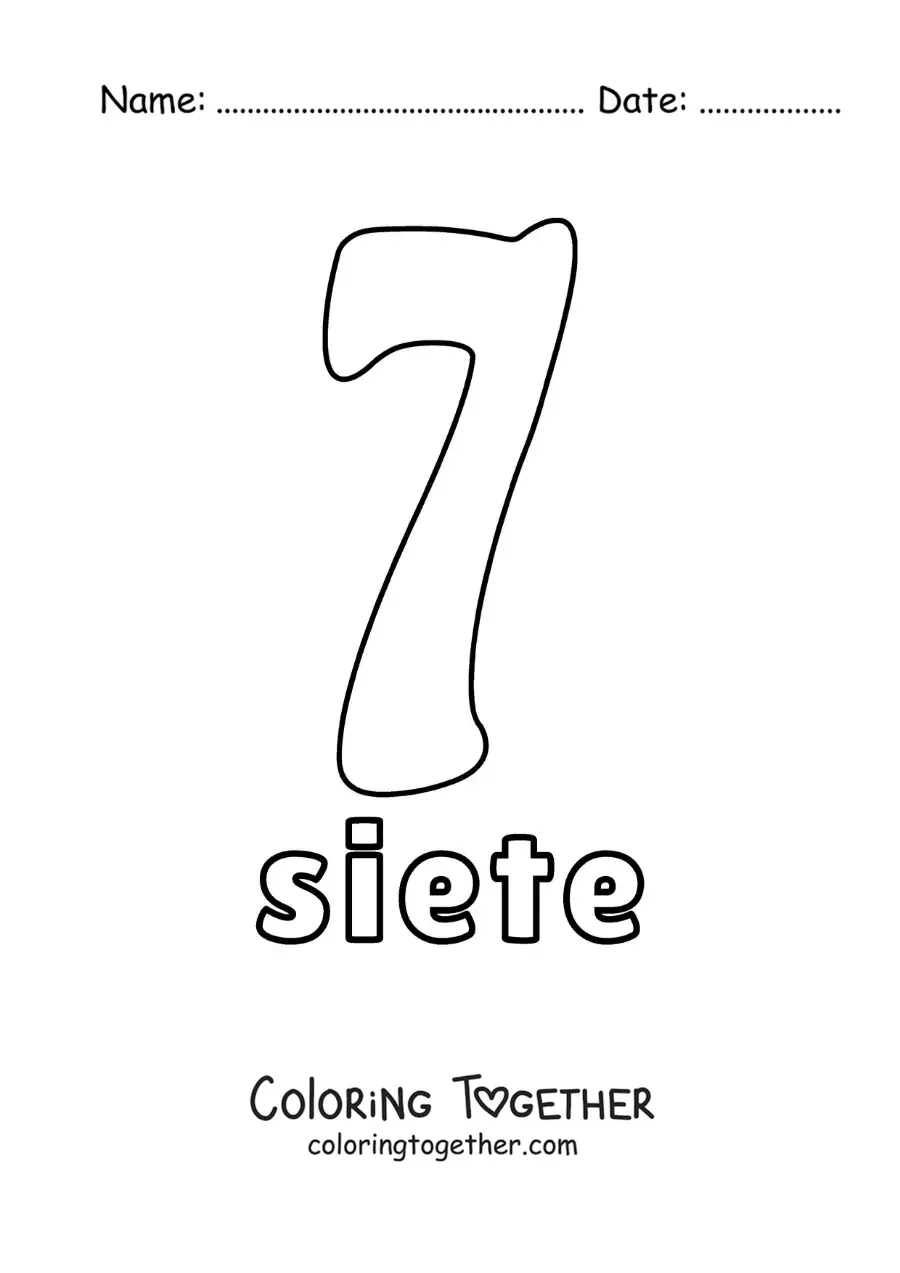Coloring page of a number 7 worksheet to learn natural numbers