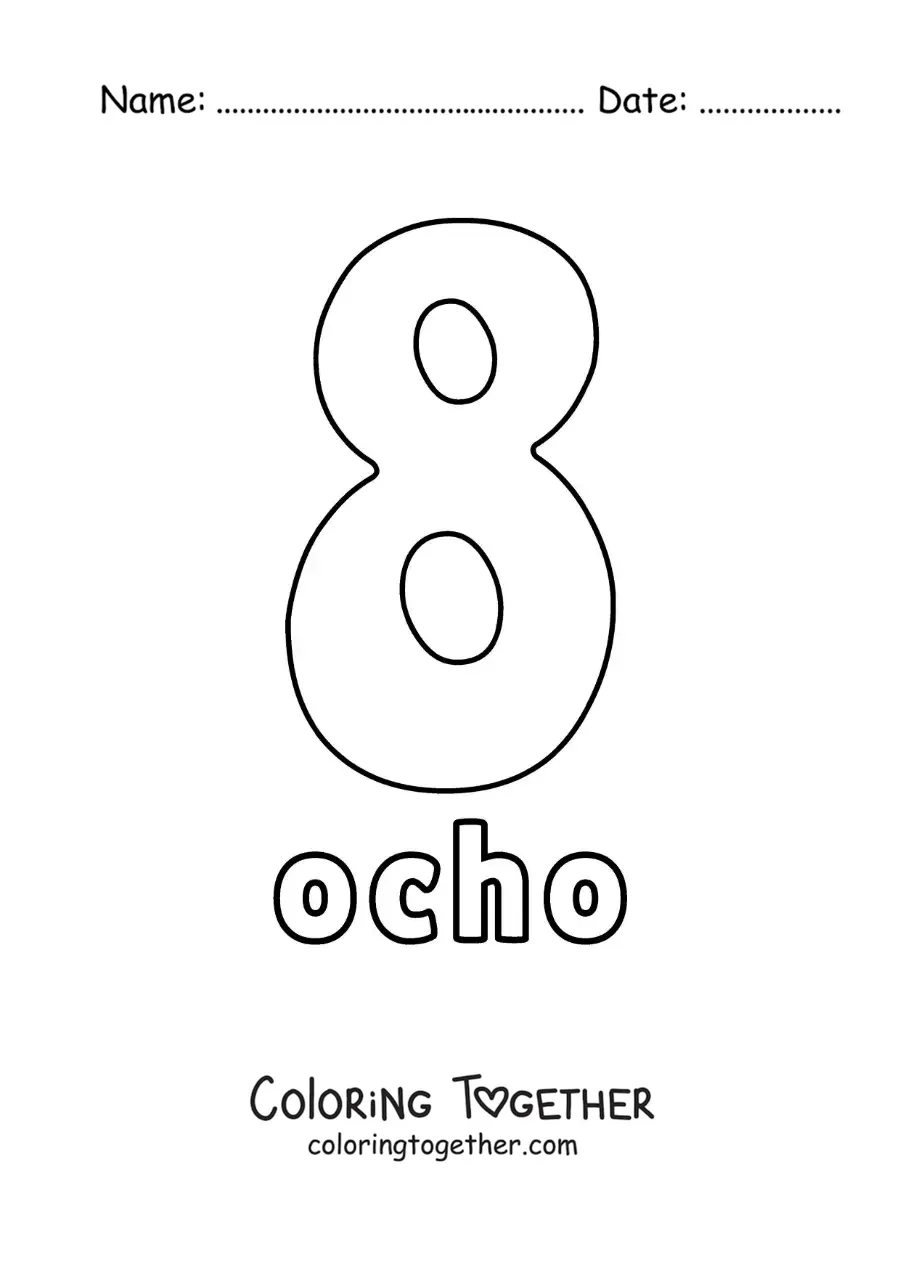 Coloring page of a number 8 flashcard to learn natural numbers