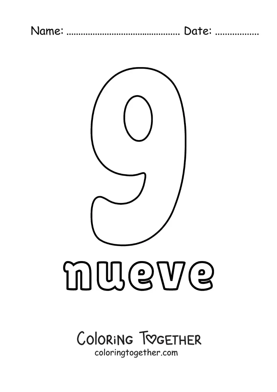 Coloring page of a number 9 flashcard to learn natural numbers