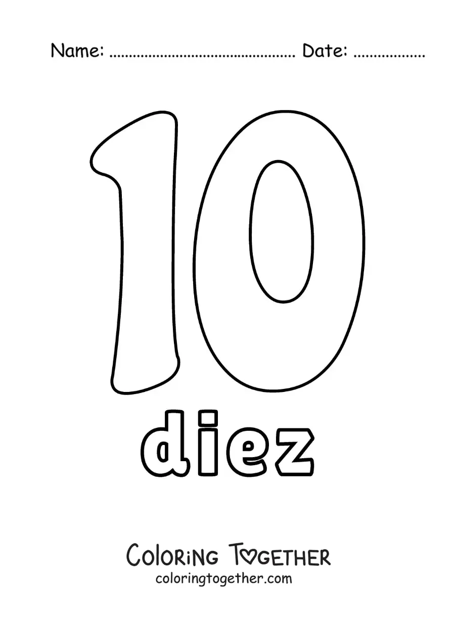 Coloring page of a number 10 flashcard to learn natural numbers