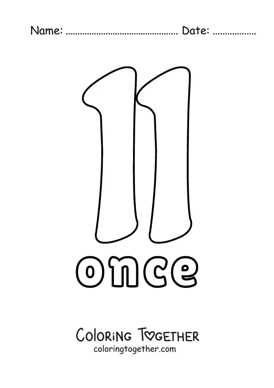 Coloring page of a number 11 flashcard to learn natural numbers