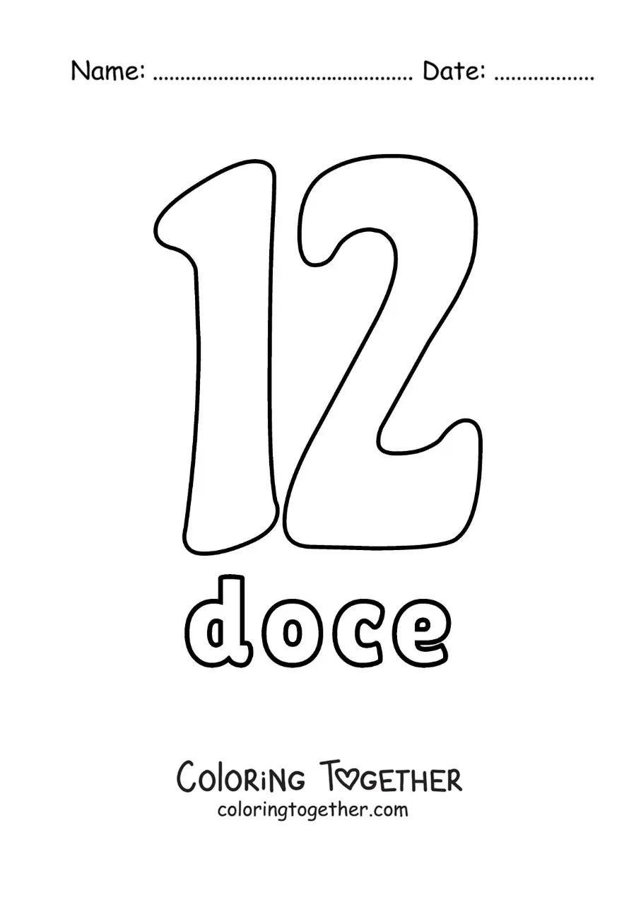 Coloring page of a number 12 flashcard to learn natural numbers