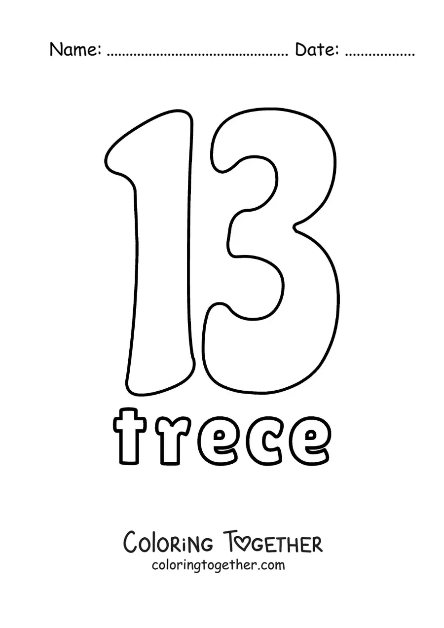 Coloring page of a number 13 flashcard to learn natural numbers