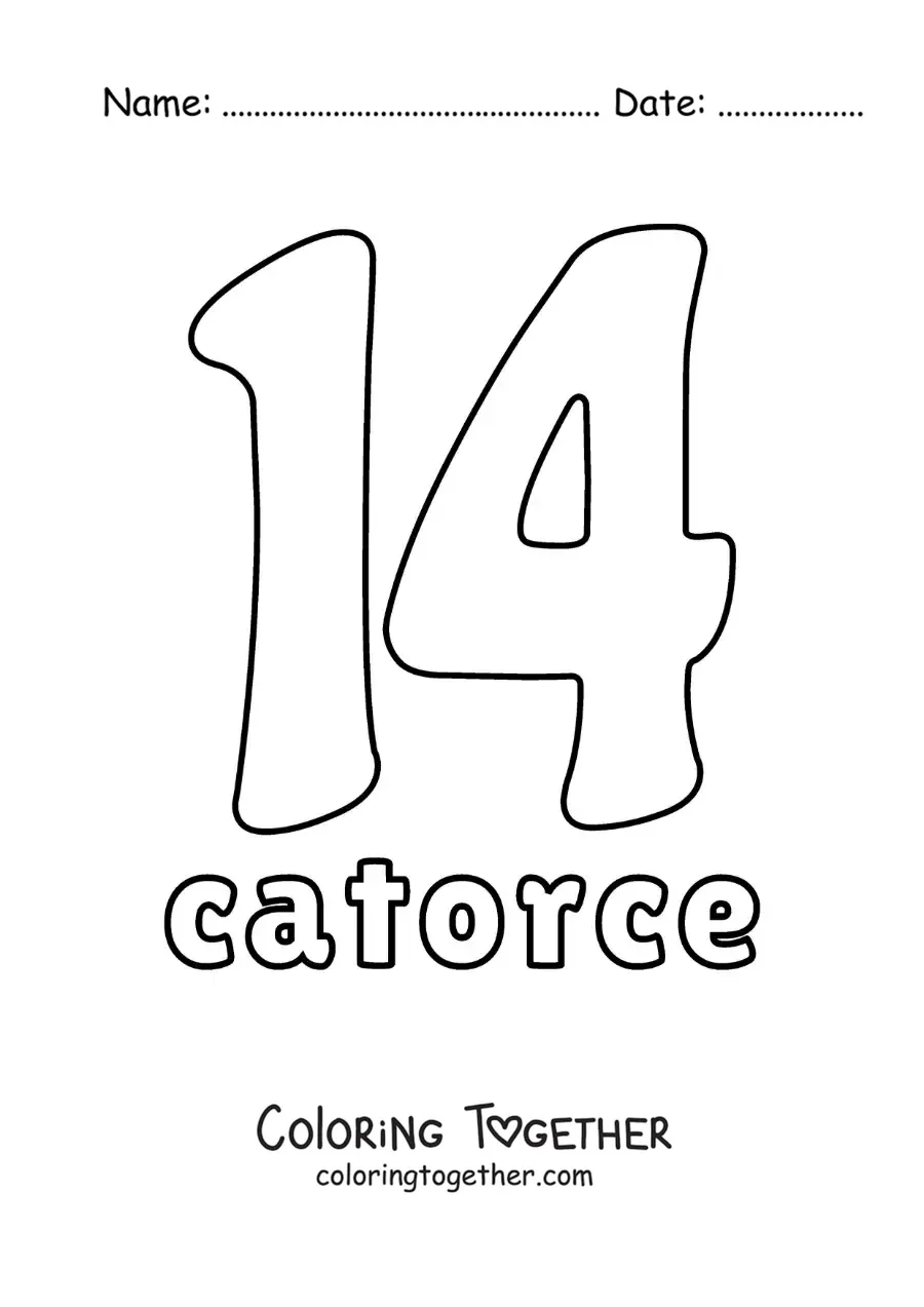 Coloring page of a number 14 flashcard to learn natural numbers