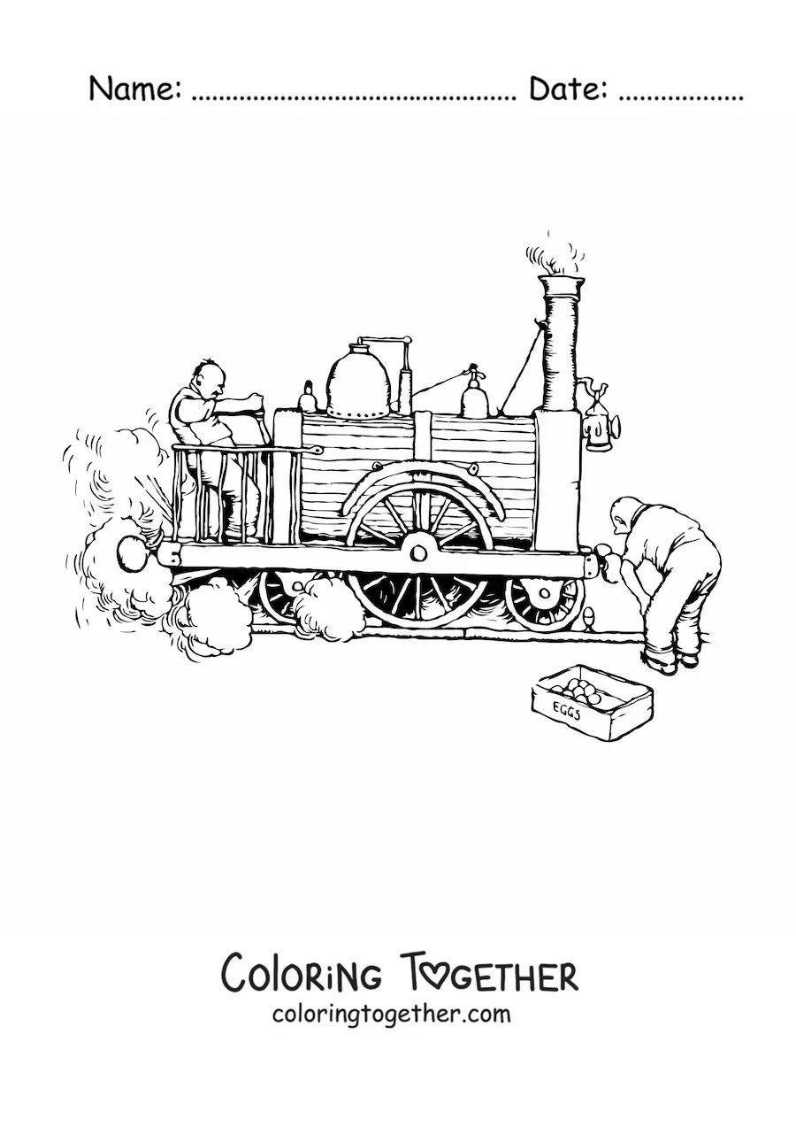 Coloring page of two men testing an old locomotive