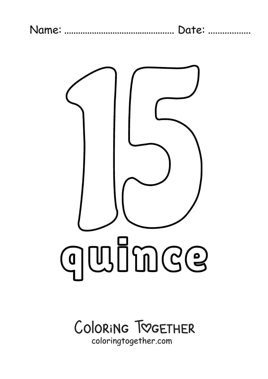 Coloring page of a number 15 flashcard to learn natural numbers