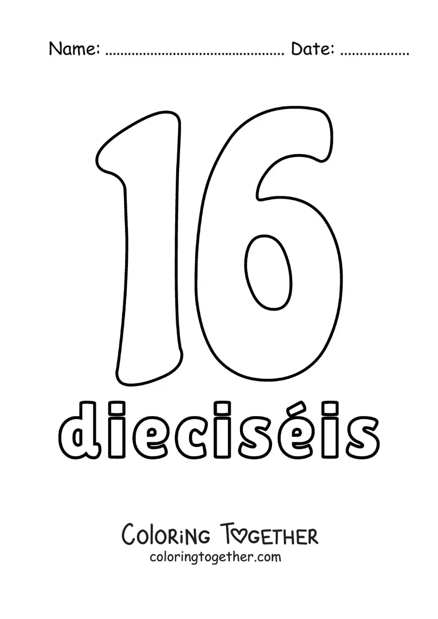 Coloring page of a number 16 flashcard to learn natural numbers