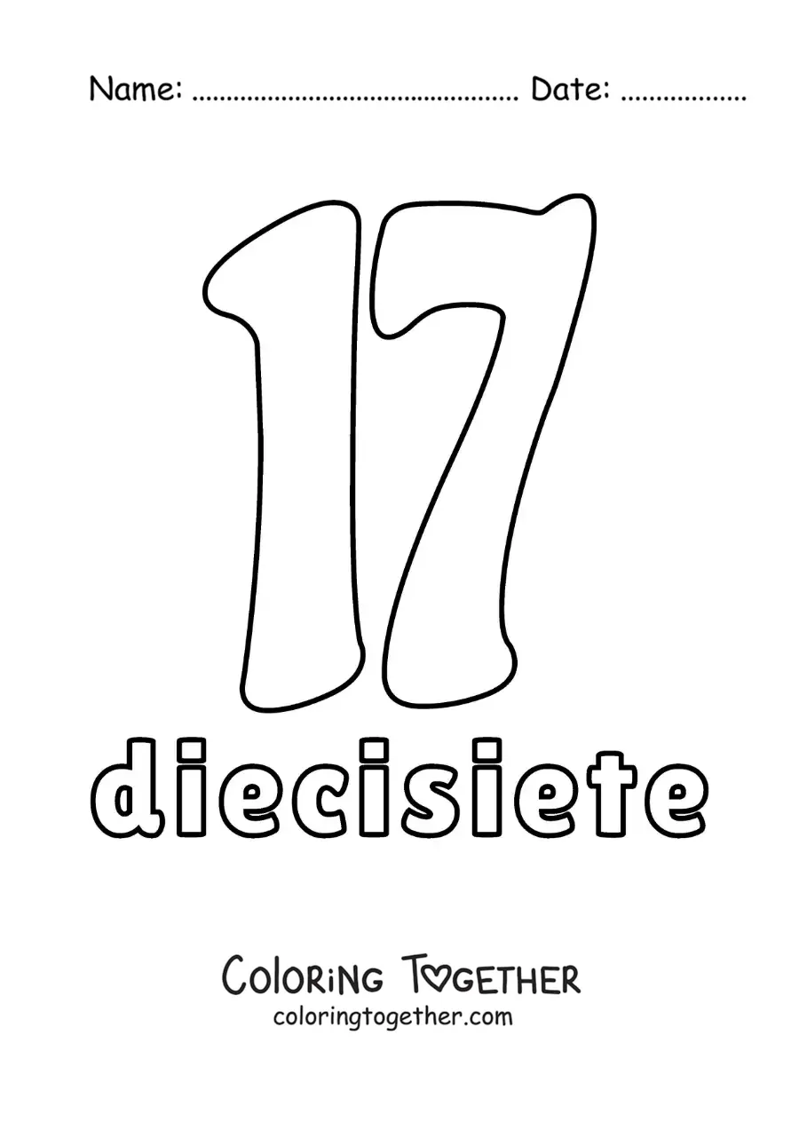 Coloring page of a number 17 flashcard to learn natural numbers