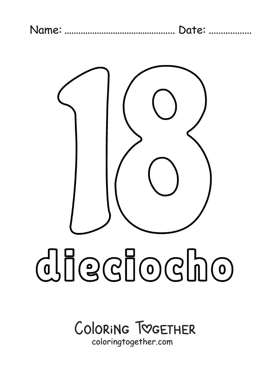 Coloring page of a number 18 flashcard to learn natural numbers