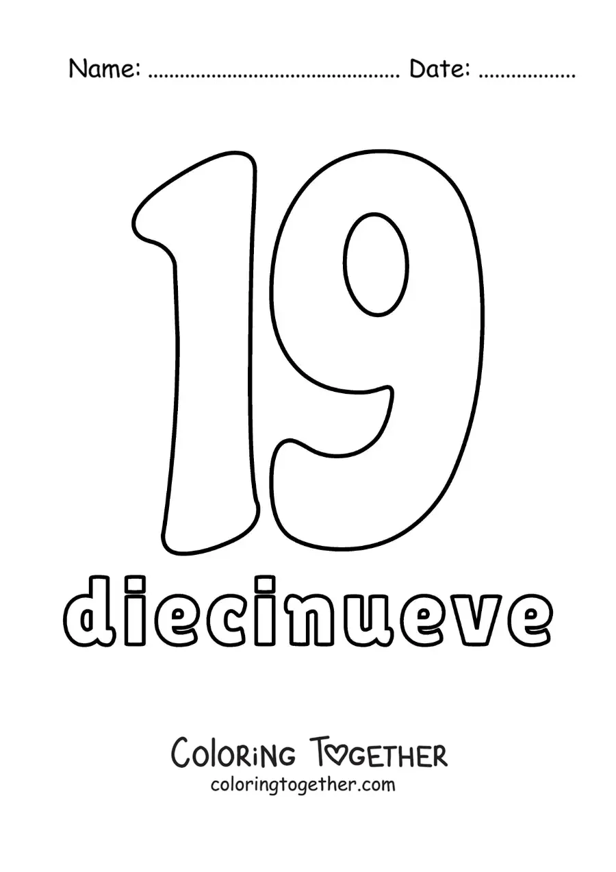 Coloring page of a number 19 flashcard to learn natural numbers