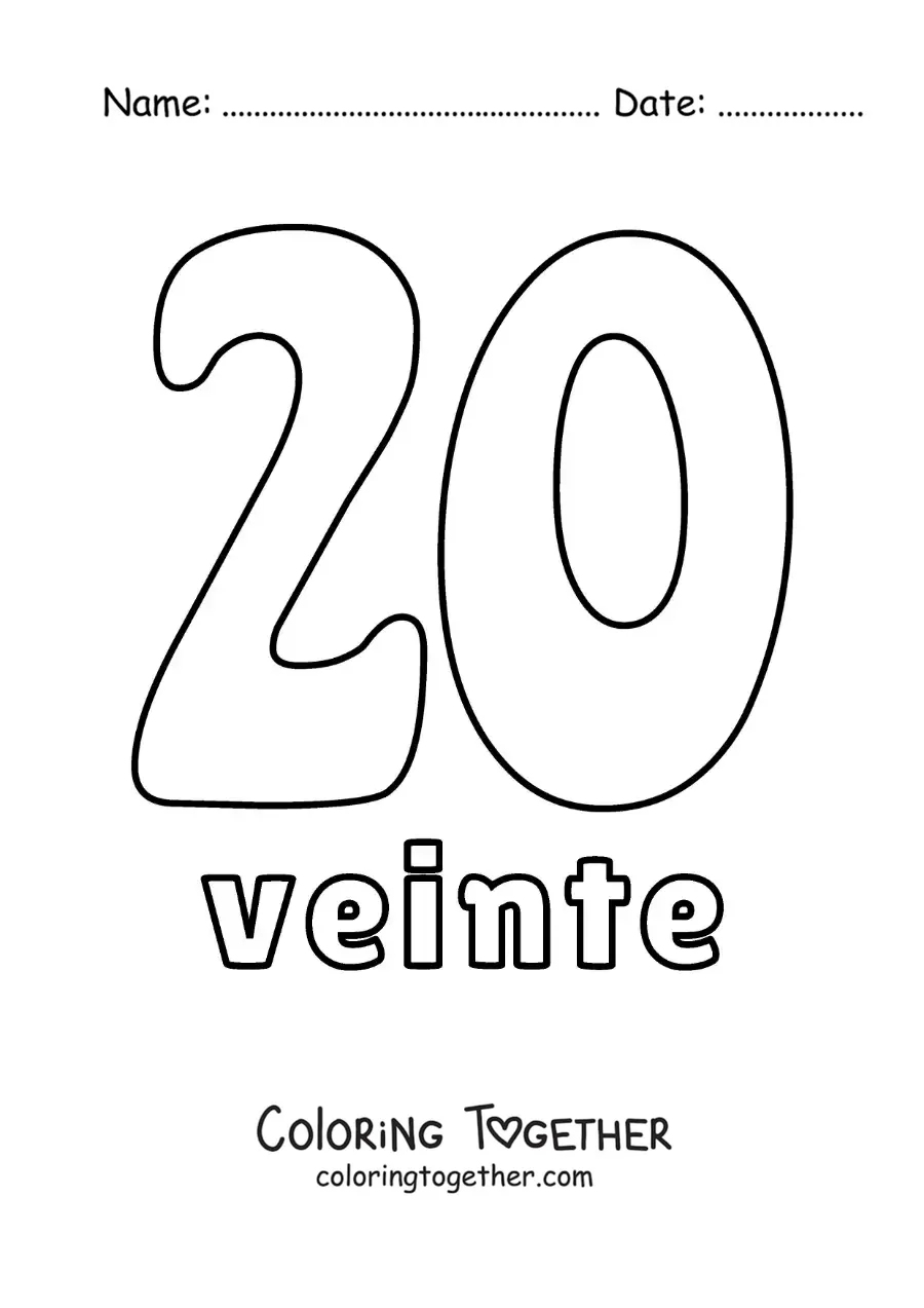 Coloring page of a number 20 flashcard to learn natural numbers