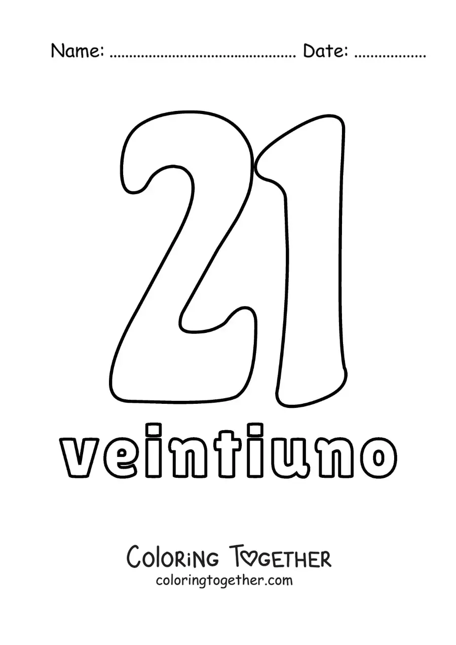 Coloring page of a number 21 flashcard to learn natural numbers