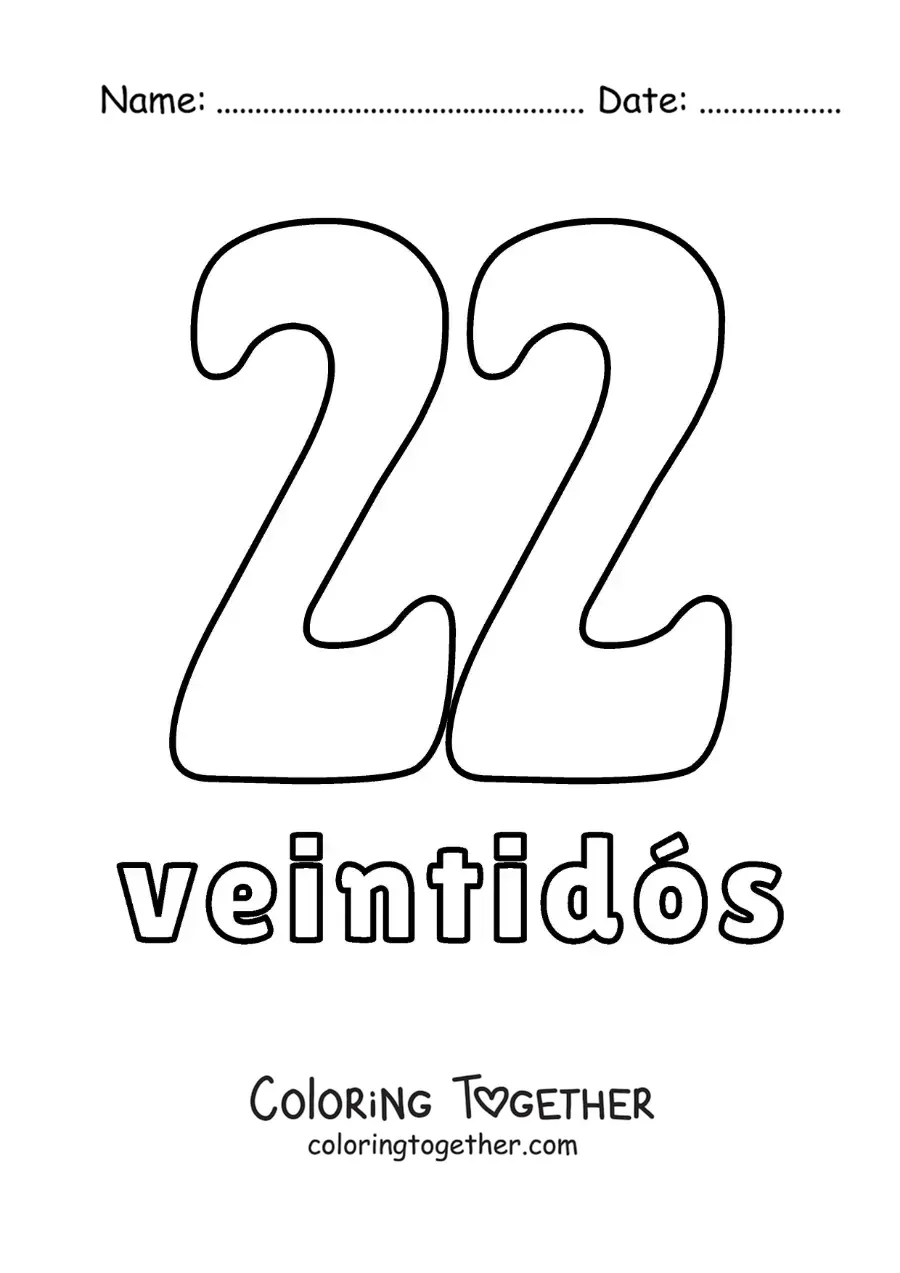 Coloring page of a number 22 flashcard to learn natural numbers