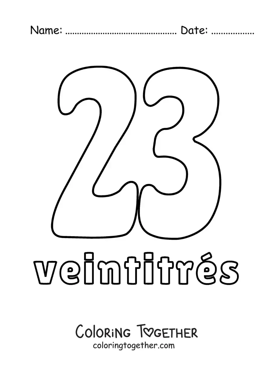 Coloring page of a number 23 flashcard to learn natural numbers