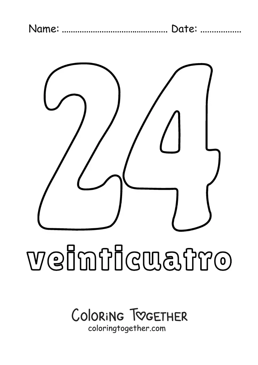 Coloring page of a number 24 flashcard to learn natural numbers