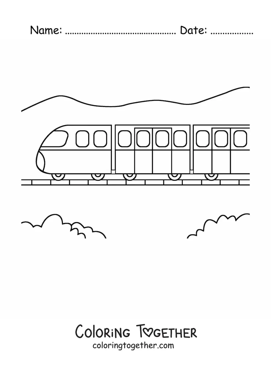 Coloring page of a bullet train on rails