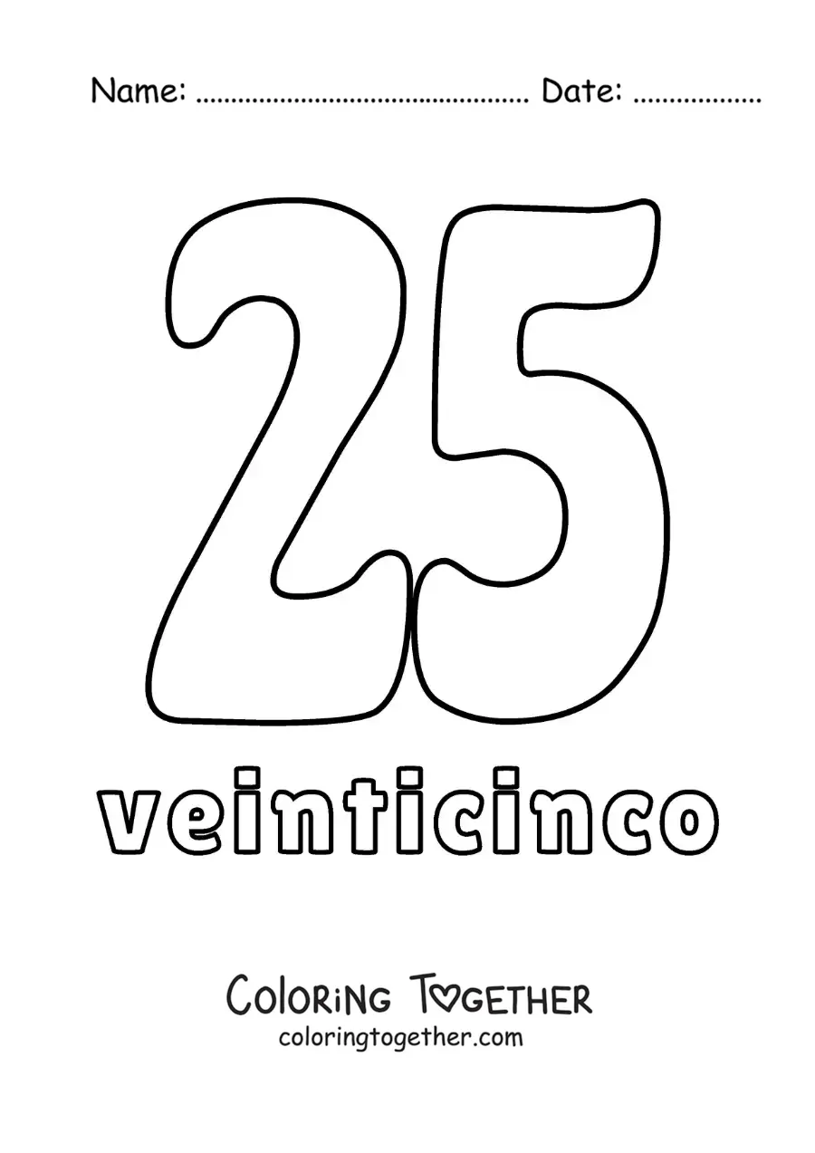 Coloring page of a number 25 flashcard to learn natural numbers