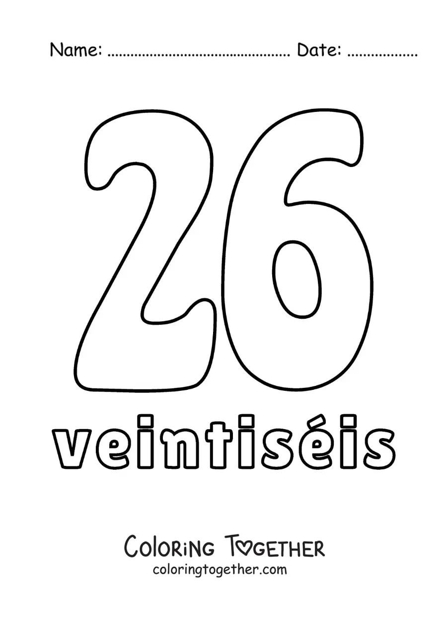 Coloring page of a number 26 flashcard to learn natural numbers