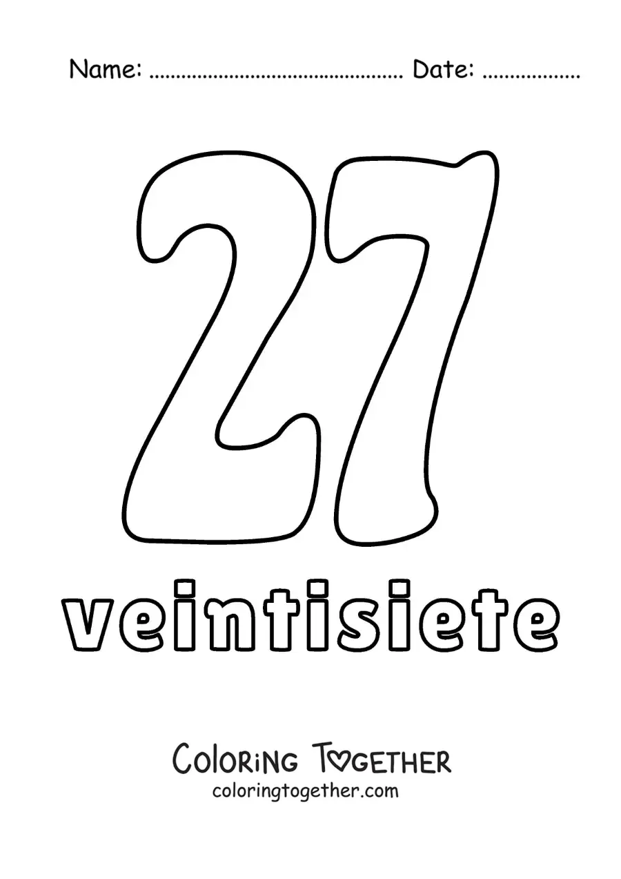 Coloring page of a number 27 flashcard to learn natural numbers