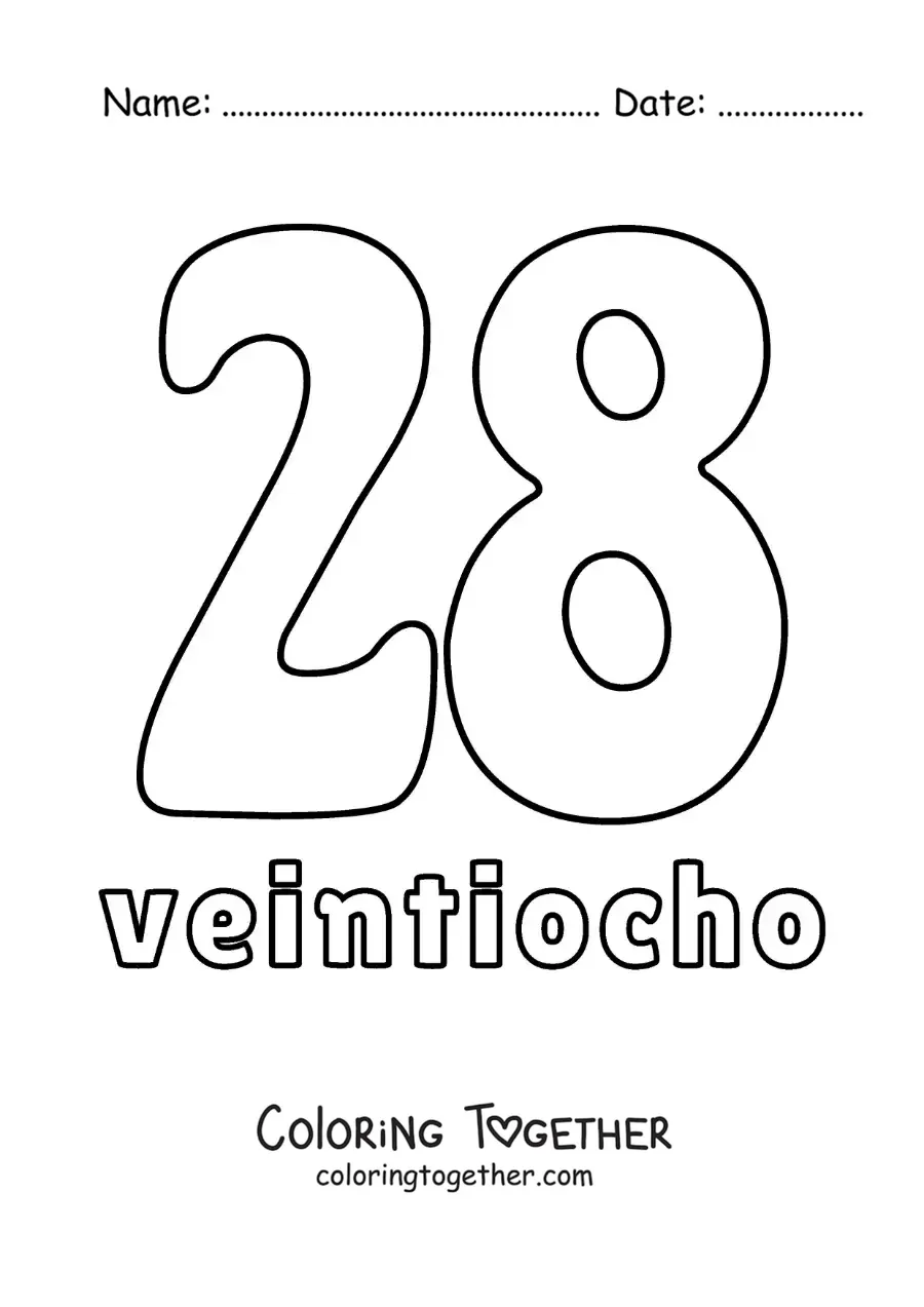 Coloring page of a number 28 flashcard to learn natural numbers