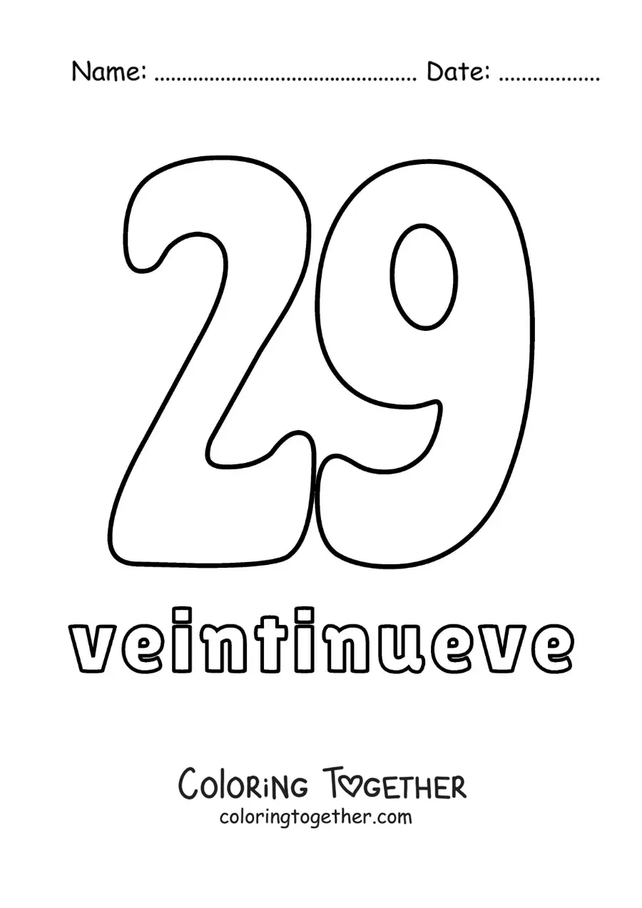 Coloring page of a number 29 flashcard to learn natural numbers