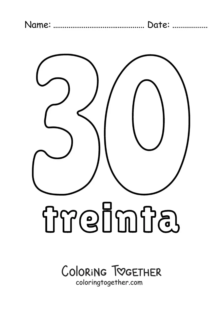 Coloring page of a number 30 flashcard to learn natural numbers
