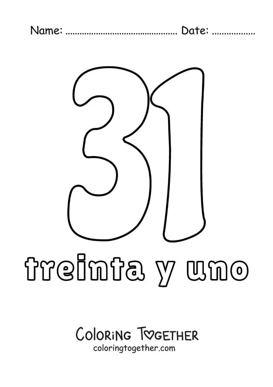 Coloring page of a number 31 flashcard to learn natural numbers