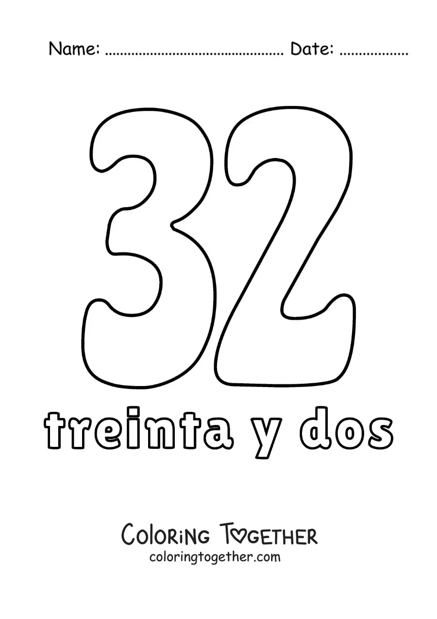 Coloring page of a number 32 flashcard to learn natural numbers