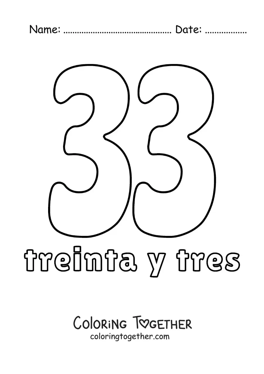 Coloring page of a number 33 flashcard to learn natural numbers