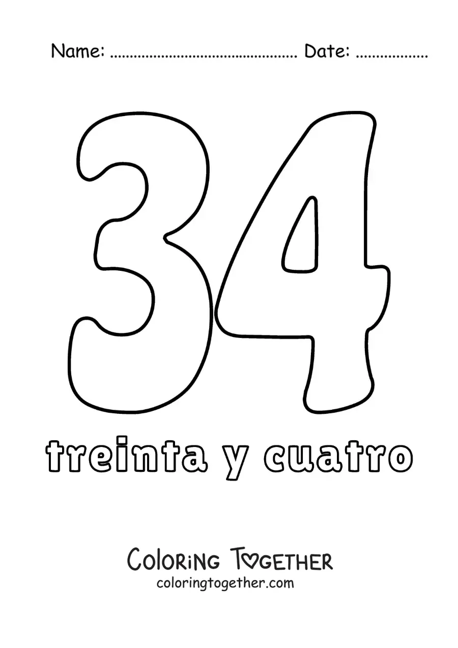 Coloring page of a number 34 flashcard to learn natural numbers